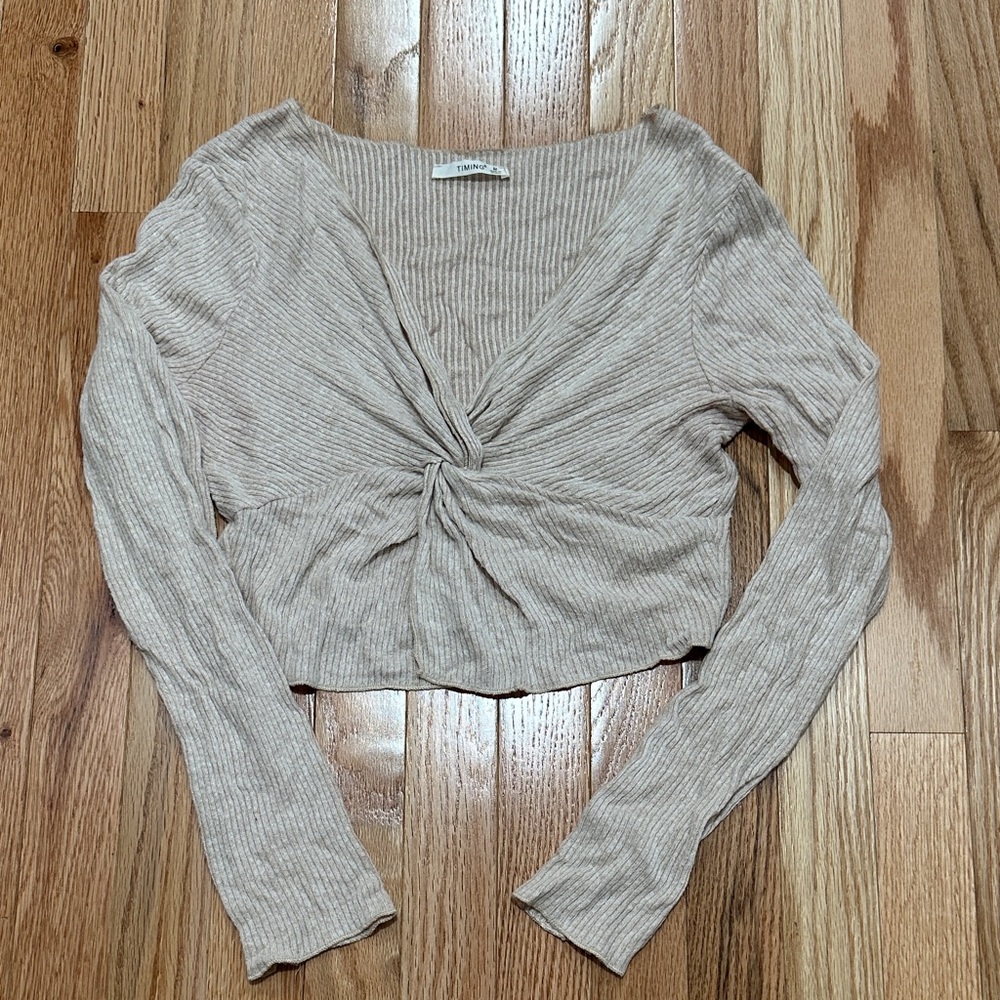 Timing Beige Ribbed Twist Front Crop Top